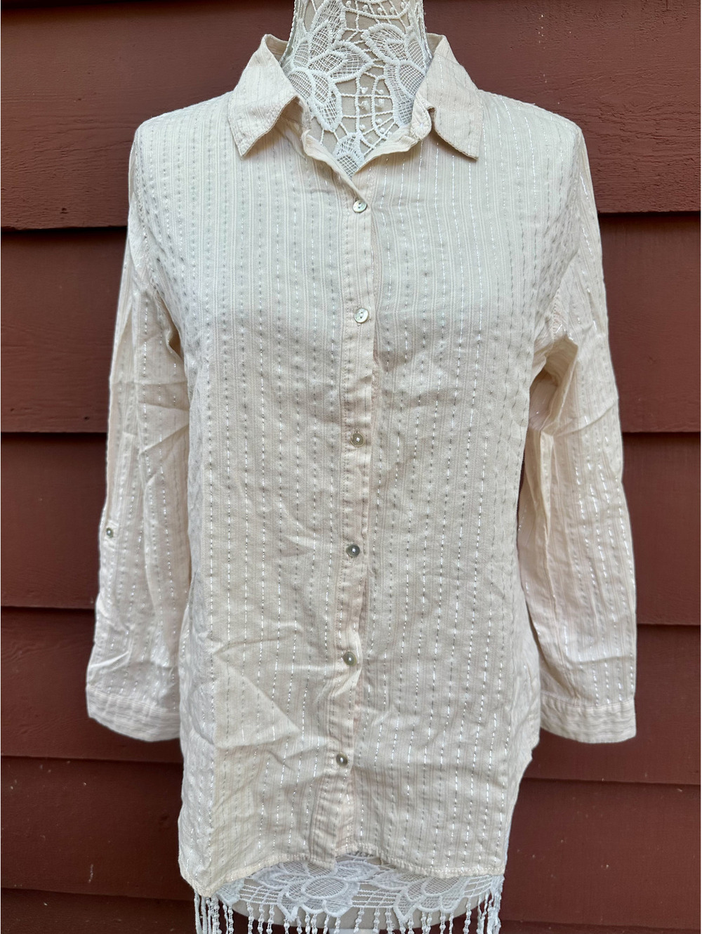 Sigrid Olsen Vintage Cream Linen Blend Button Down Blouse with Metallic Pinstrpe